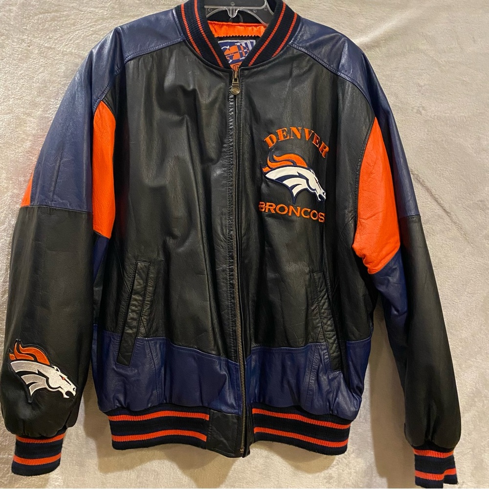 Denver Broncos Jacket Men’s XL Black Blue Orange Genuine Leather Full Zip Lined